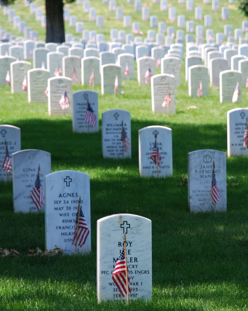 Picture of graves decorated with flags at Arlington National Cemetery on Memorial Day 2008