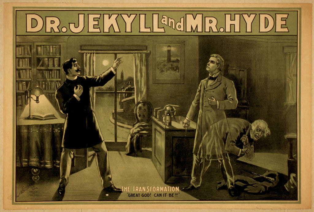 A sephia theatrical poster of the 1908 movie Dr. Jekyll and Mr. Hyde. The title is spelled out above an image of an image of two men, one dressed in black and the other in grey, standing in an office room before a window looking out at a moonlit night. At the bottom of the image reads the caption "The transformation. 'Great God! Can it Be!!'"