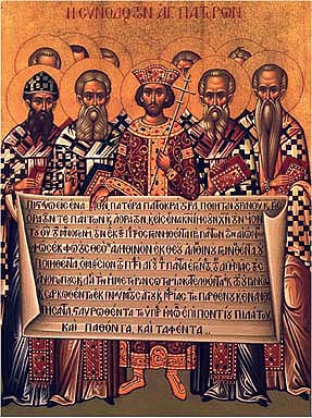 An icon depicting the First Council of Nicea - the council fathers stand together in their ecclesial robes holding a scroll containing the declarations of the council.