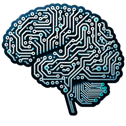 A stylized image of the cross section of a human brain made of circuitry