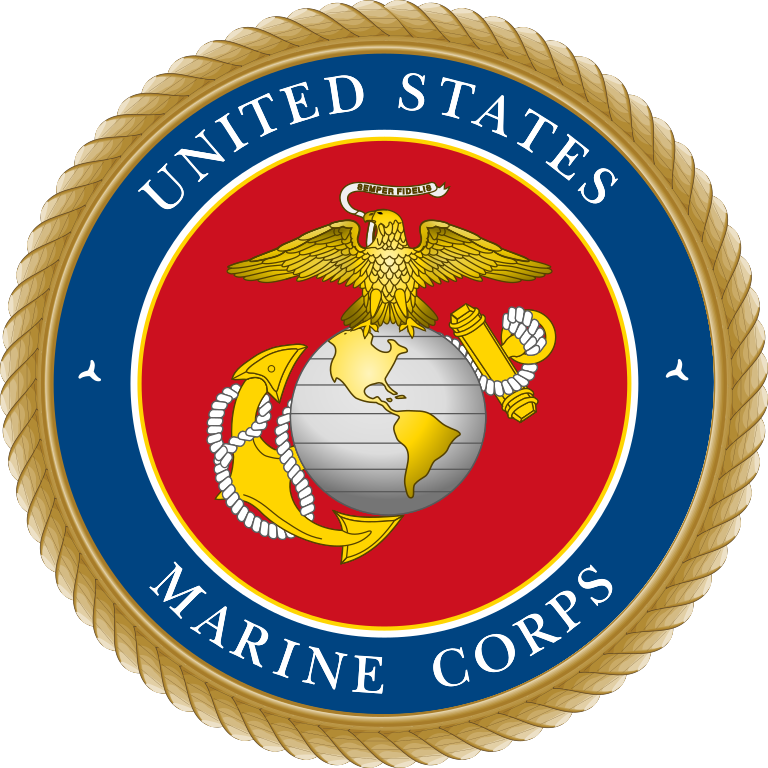 The emblem of the United States Marine Corps. A stylized eagle holding a ribbon with the words 'semper fidelis' stands atop a globe, wings extended, with an anchor behind the globe