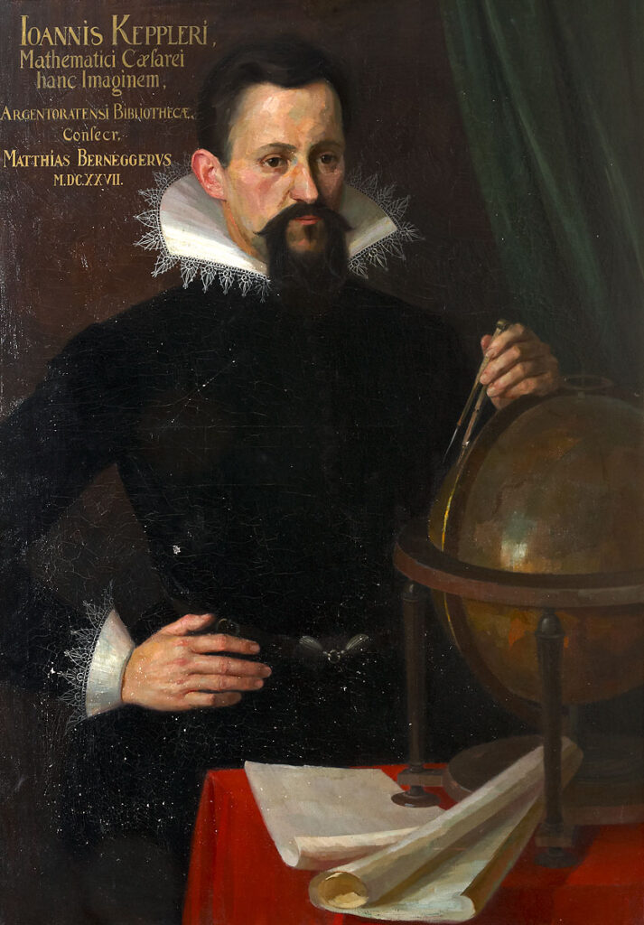  A portrait painting of Johannes Kepler posing behind a desk with his hand on a globe