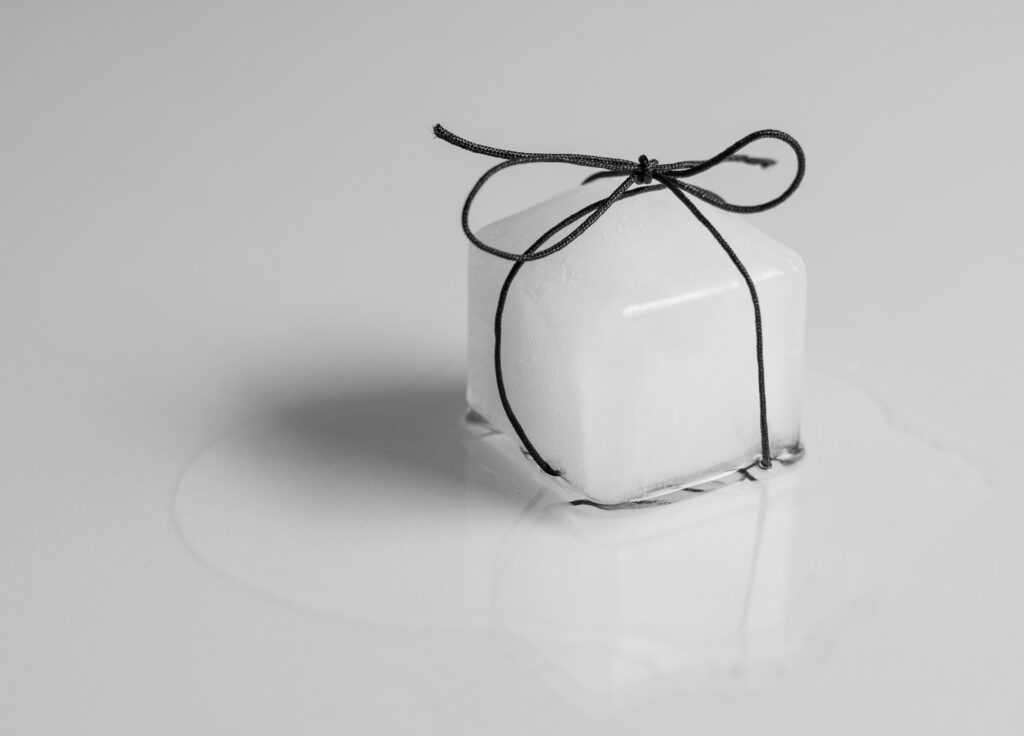 A black and white photo of an ice cube with a black piece of rope tied in a bow around it as it slowly melts on a table