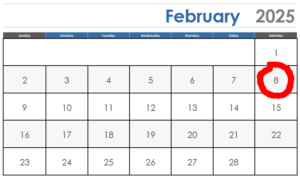 A calendar with February 8 circled