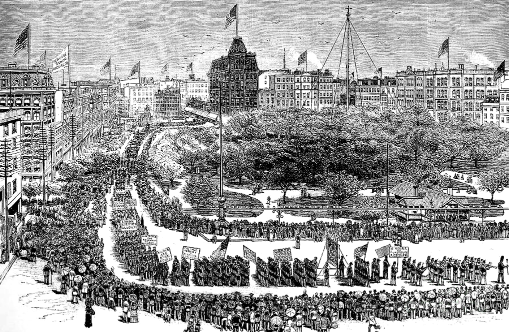 A lithograph of the 1882 Labor Day parade in Union Square in New York